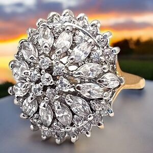 Vintage Ring Size 9 Cubic Zirconia Cluster 14K Gold Plate Mid-Century 14G